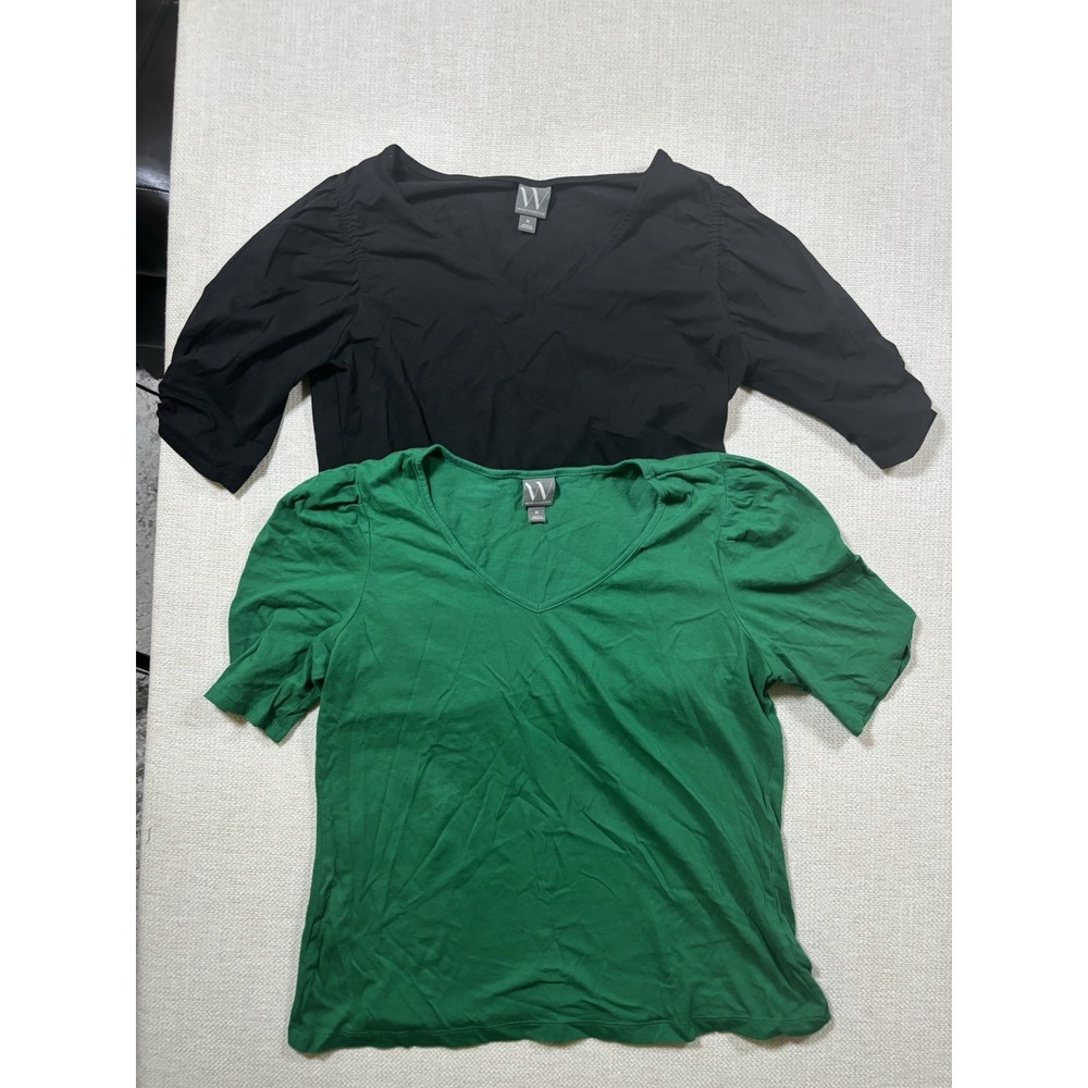 Lot of 2 Worthington Womens Medium V-Neck Puff Sleeve Tops Black Green Cotton
